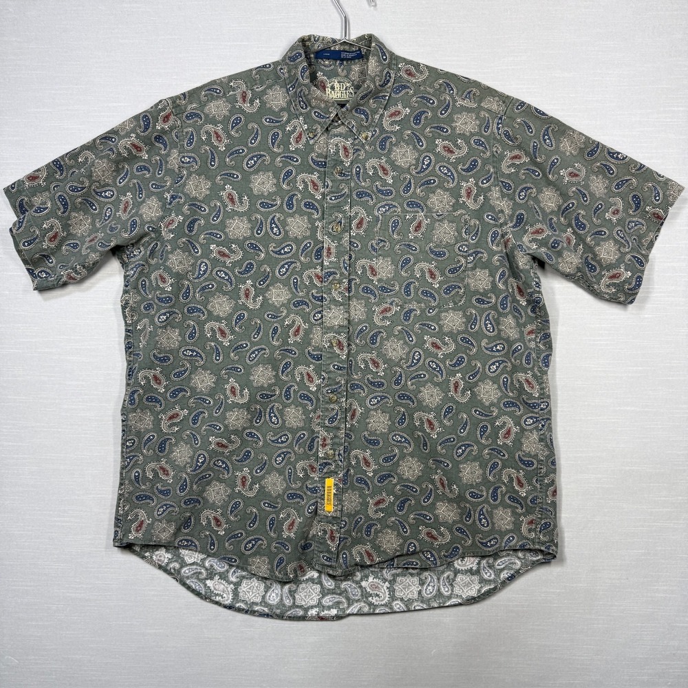 BD Baggie Button Down Short Sleeve Shirt Men L Green Ramie Paisley Bandana AOP